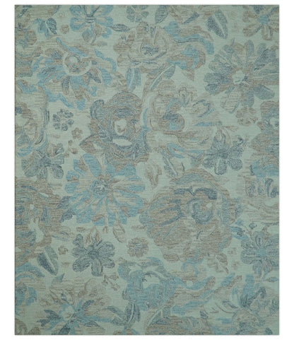 Custom Made Beige And Brown Traditional Floral Pattern Hand Tufted Wool Area Rug.