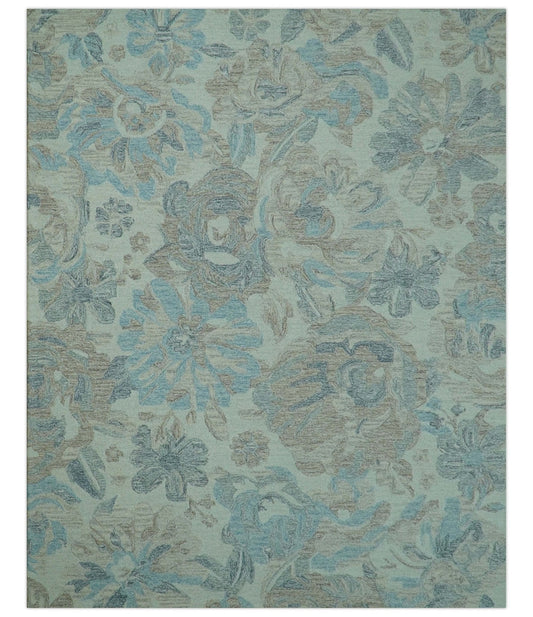 Custom Made Beige And Brown Traditional Floral Pattern Hand Tufted Wool Area Rug.