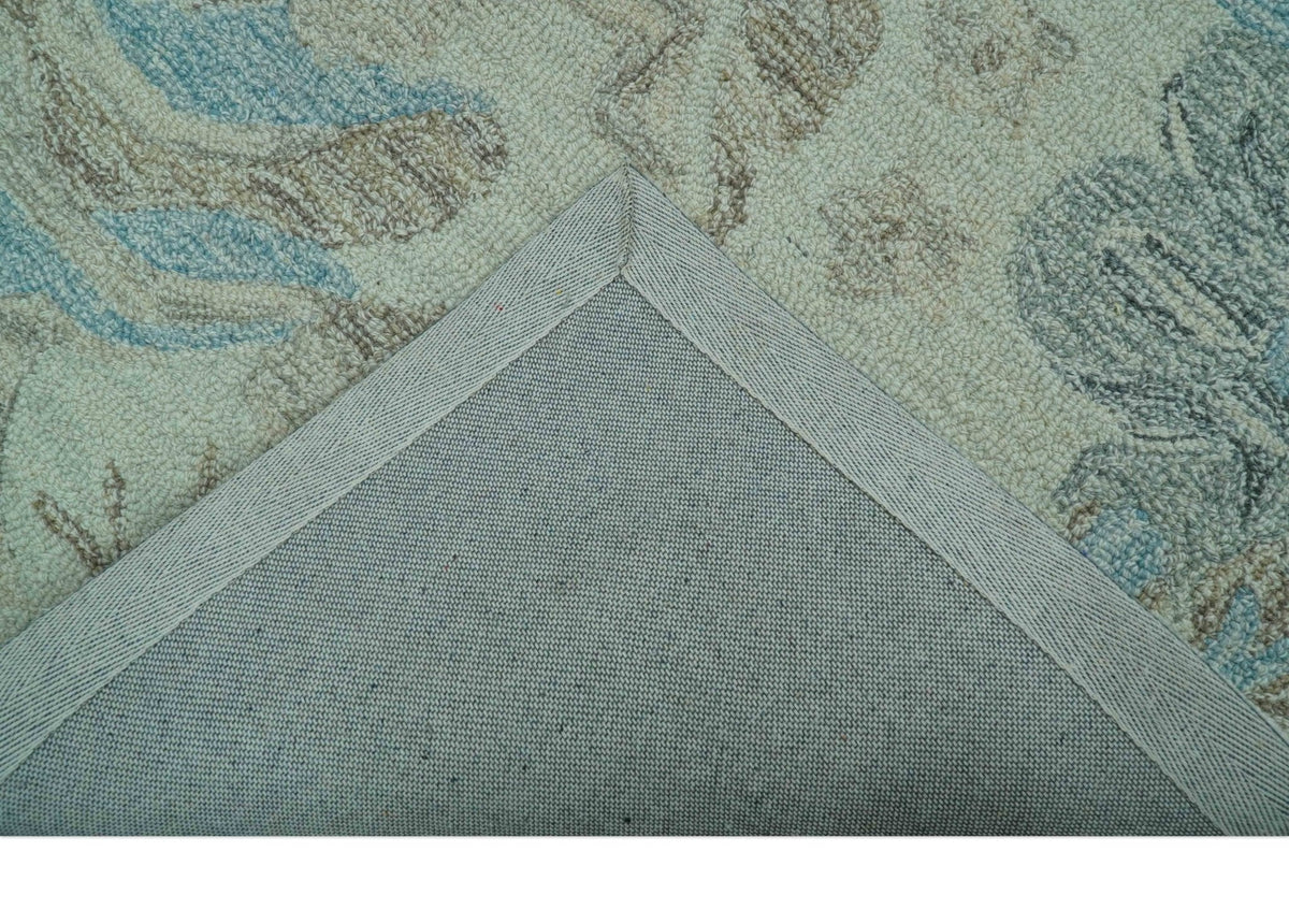 Custom Made Beige And Brown Traditional Floral Pattern Hand Tufted Wool Area Rug.
