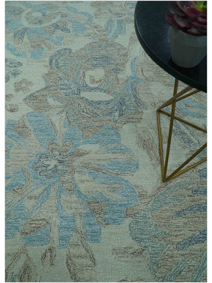 Custom Made Beige And Brown Traditional Floral Pattern Hand Tufted Wool Area Rug.