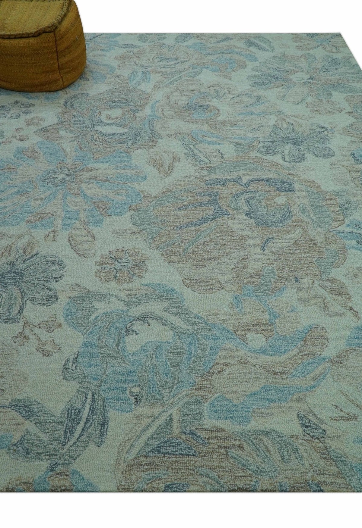 Custom Made Beige And Brown Traditional Floral Pattern Hand Tufted Wool Area Rug.