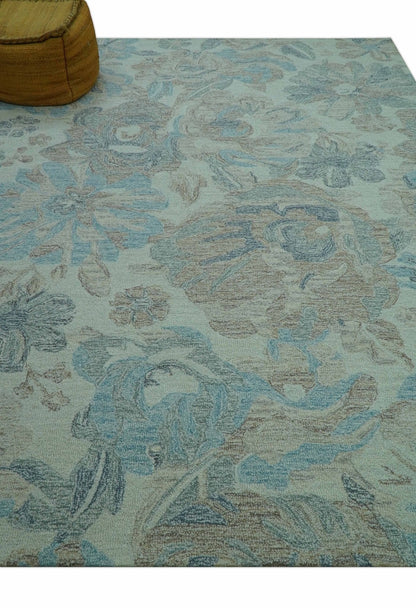 Custom Made Beige And Brown Traditional Floral Pattern Hand Tufted Wool Area Rug.