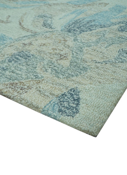 Custom Made Beige And Brown Traditional Floral Pattern Hand Tufted Wool Area Rug.