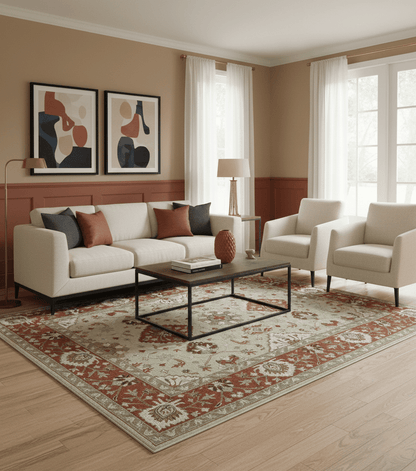 Custom Made Beige And Brown Traditional Oriental Design Hand Tufted Wool Area Rug.