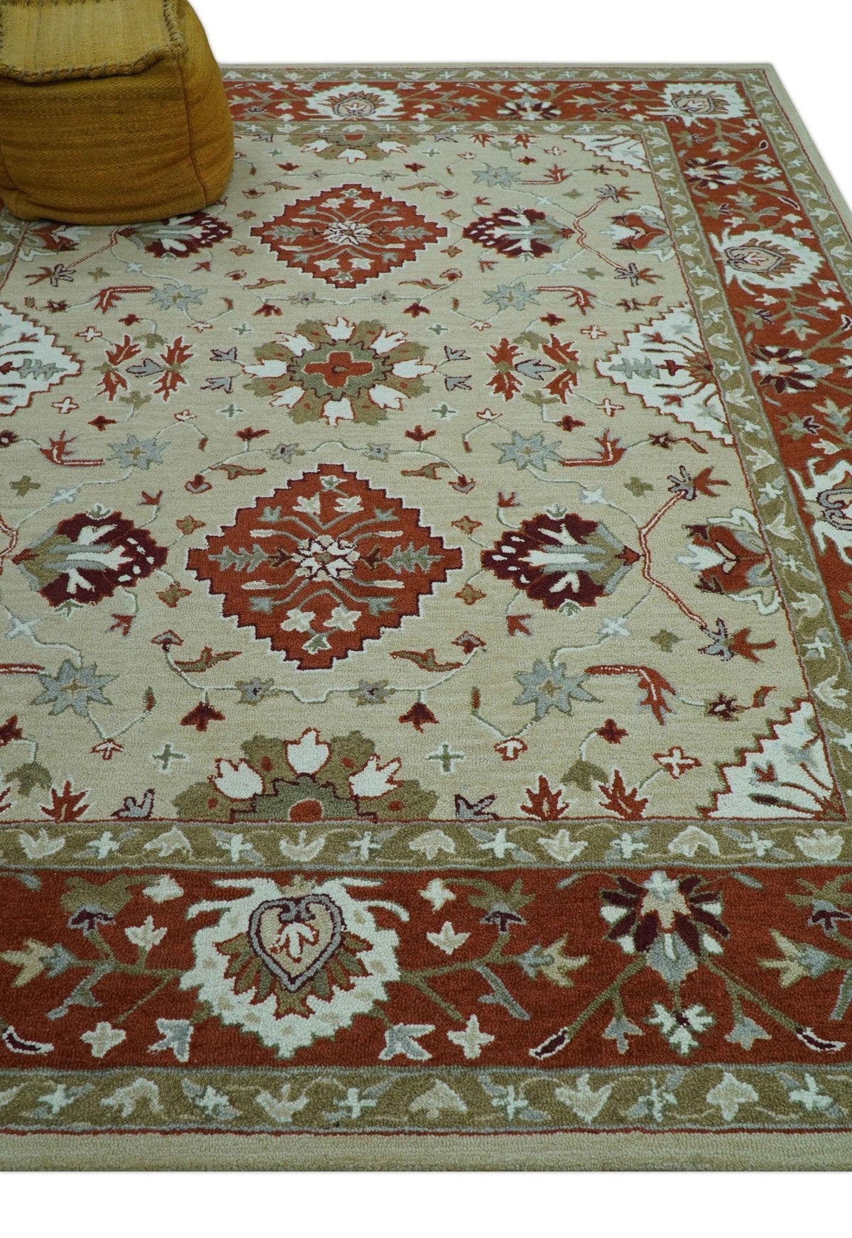 Custom Made Beige And Brown Traditional Oriental Design Hand Tufted Wool Area Rug.