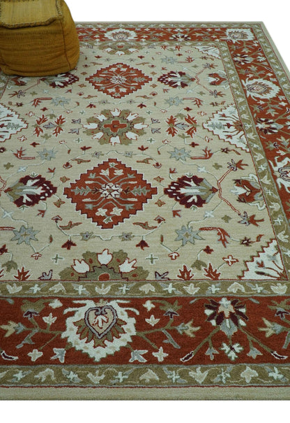 Custom Made Beige And Brown Traditional Oriental Design Hand Tufted Wool Area Rug.