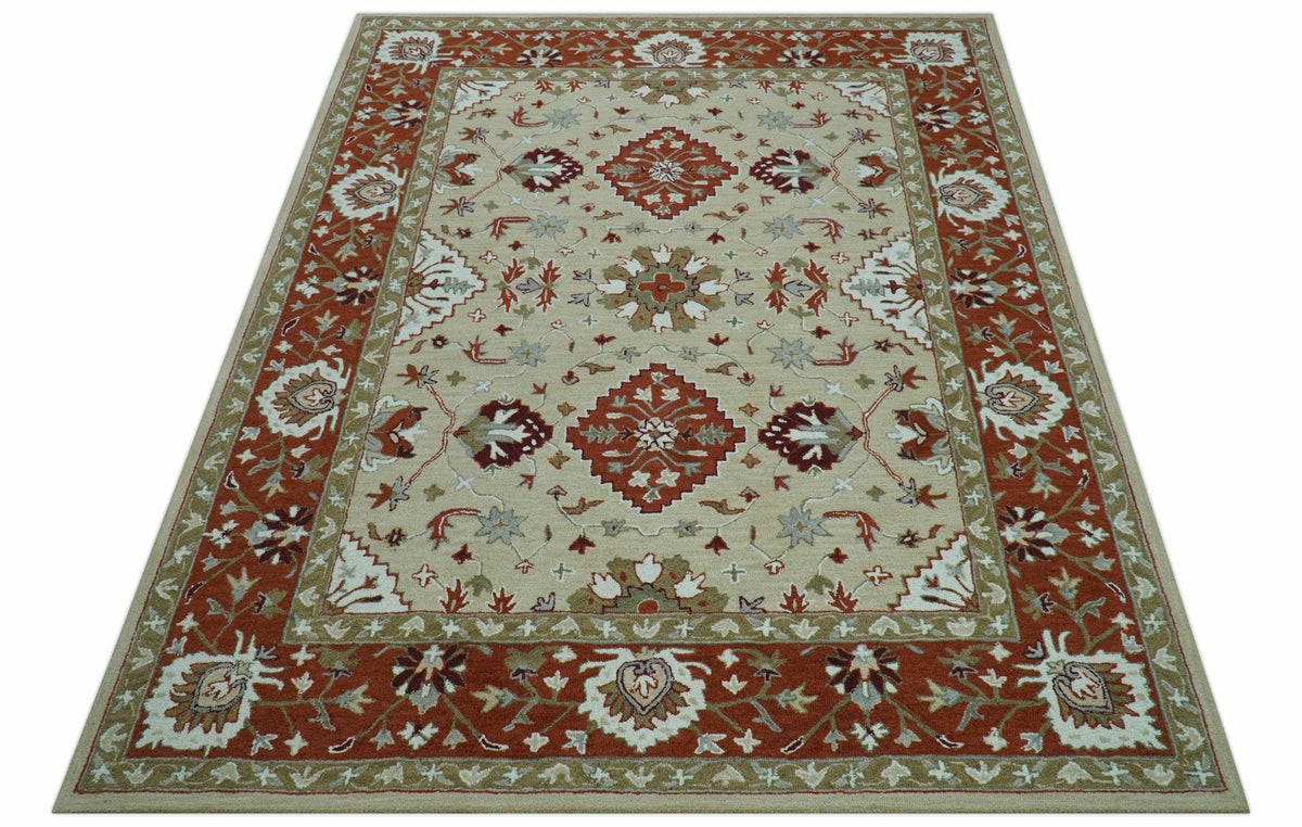 Custom Made Beige And Brown Traditional Oriental Design Hand Tufted Wool Area Rug.