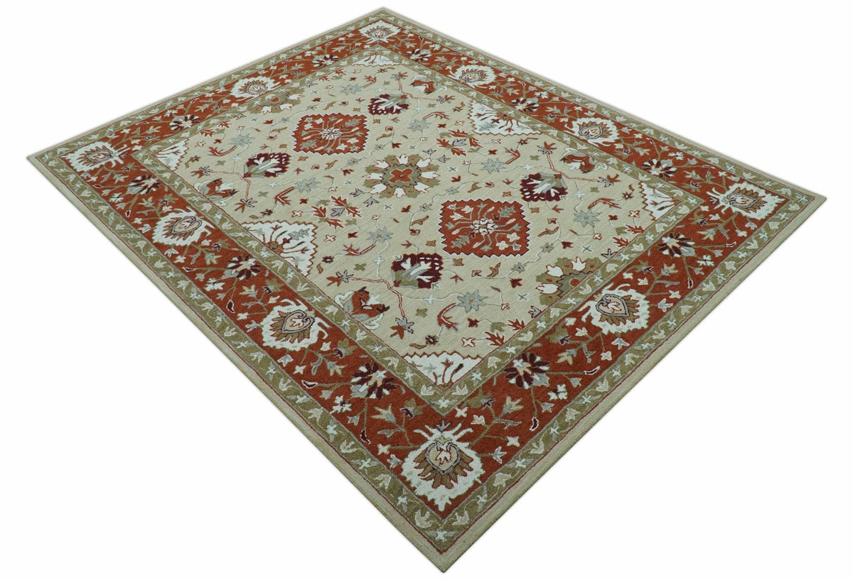 Custom Made Beige And Brown Traditional Oriental Design Hand Tufted Wool Area Rug.