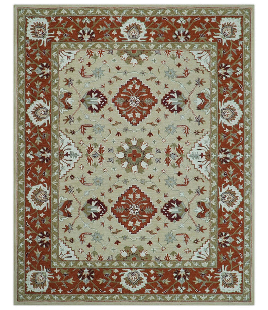 Custom Made Beige And Brown Traditional Oriental Design Hand Tufted Wool Area Rug.