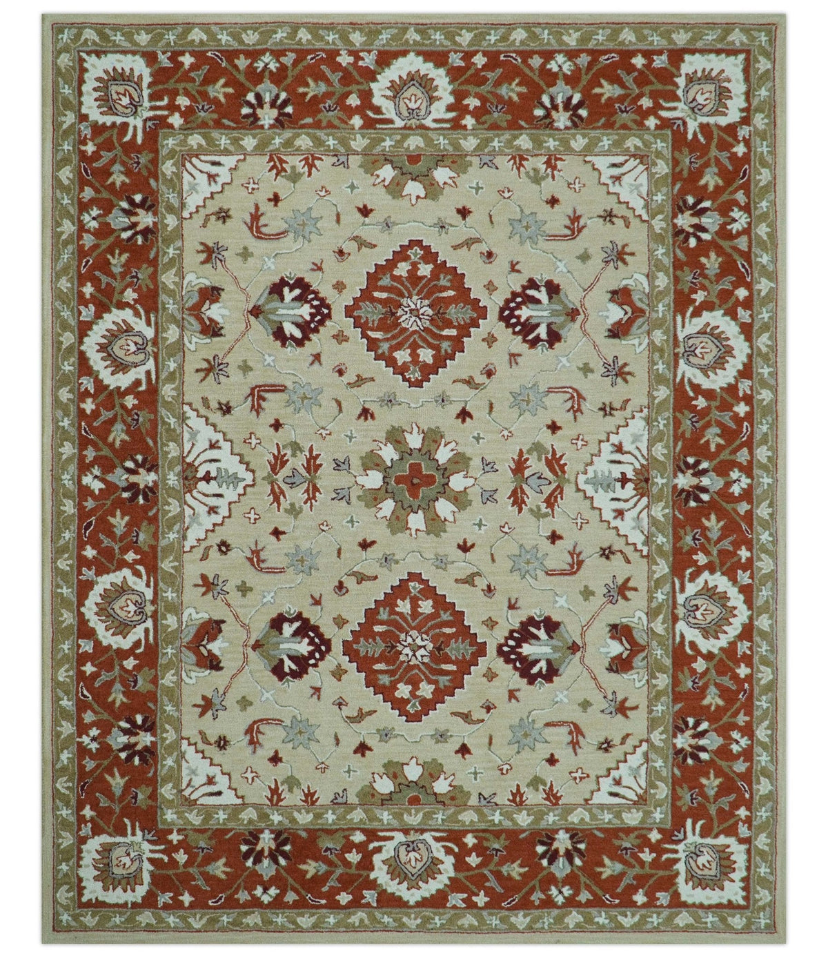 Custom Made Beige And Brown Traditional Oriental Design Hand Tufted Wool Area Rug.