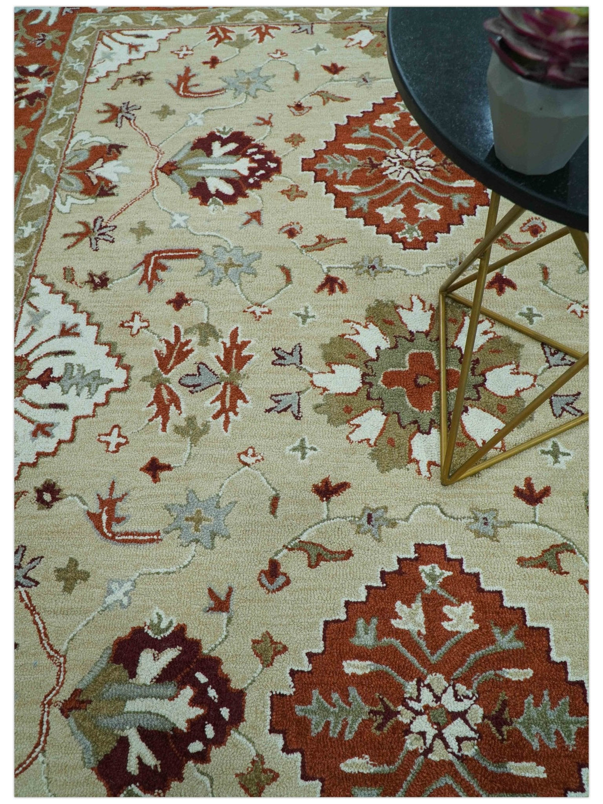 Custom Made Beige And Brown Traditional Oriental Design Hand Tufted Wool Area Rug.