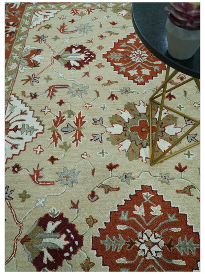 Custom Made Beige And Brown Traditional Oriental Design Hand Tufted Wool Area Rug.