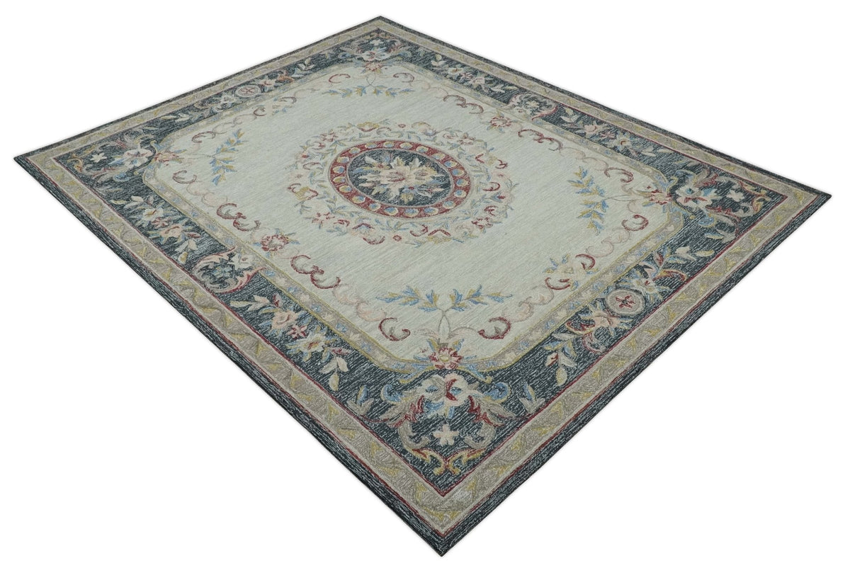 Custom Made Beige and Charcoal Aubusson French design Hand Tufted wool Area Rug.