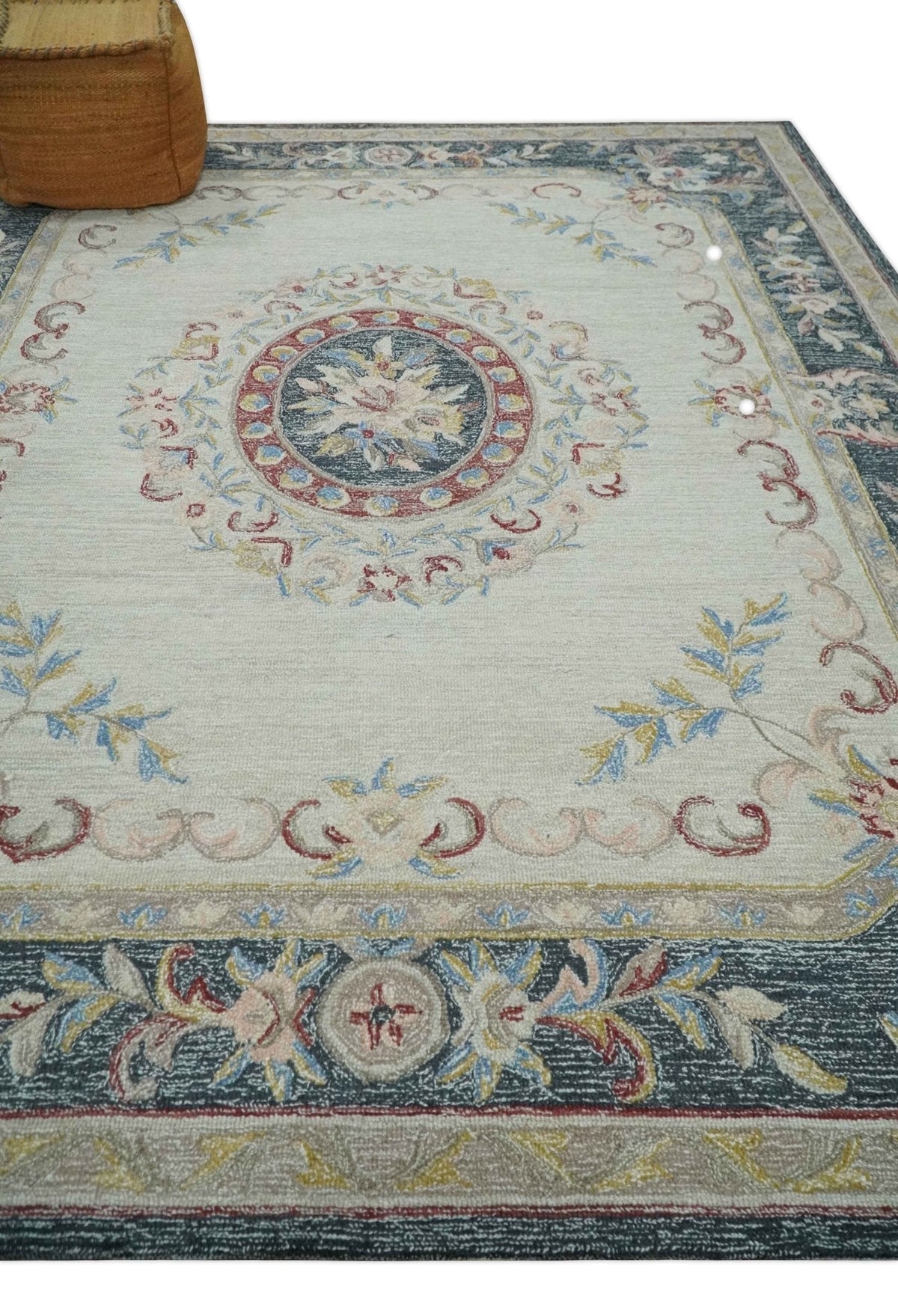 Custom Made Beige and Charcoal Aubusson French design Hand Tufted wool Area Rug.
