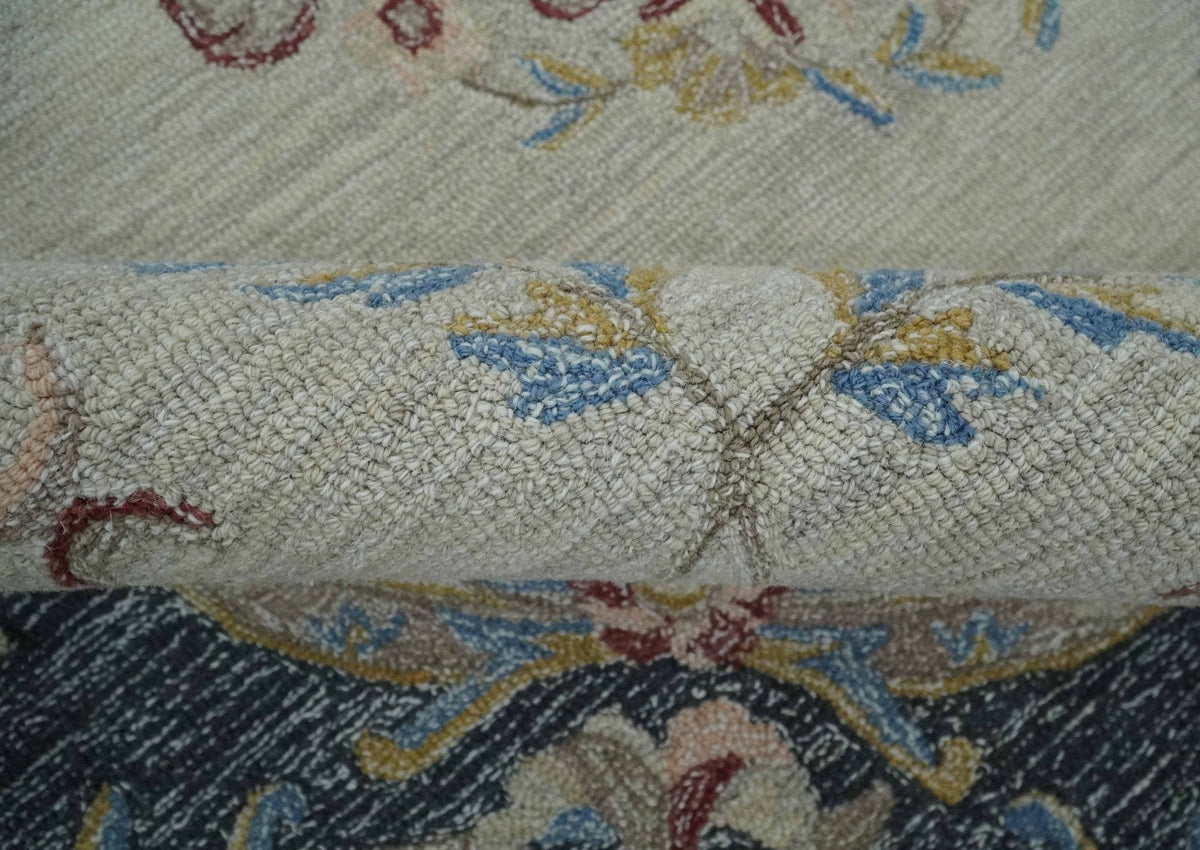Custom Made Beige and Charcoal Aubusson French design Hand Tufted wool Area Rug.