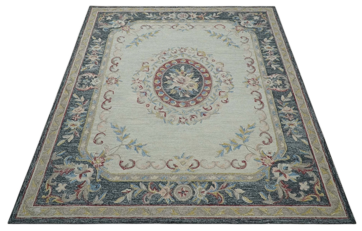 Custom Made Beige and Charcoal Aubusson French design Hand Tufted wool Area Rug.