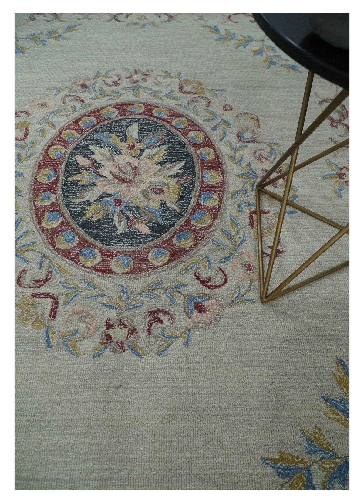 Custom Made Beige and Charcoal Aubusson French design Hand Tufted wool Area Rug.