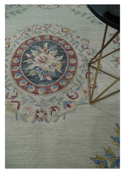 Custom Made Beige and Charcoal Aubusson French design Hand Tufted wool Area Rug.