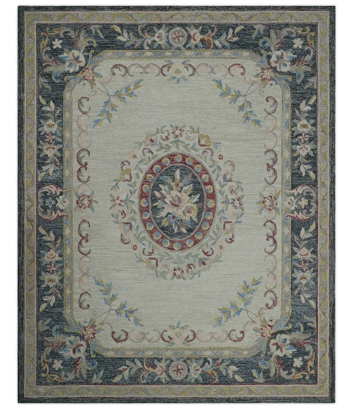 Custom Made Beige and Charcoal Aubusson French design Hand Tufted wool Area Rug.