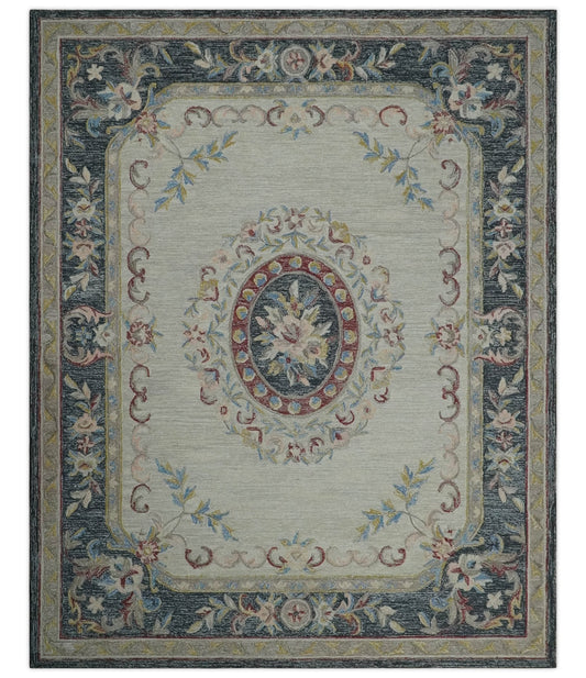 Custom Made Beige and Charcoal Aubusson French design Hand Tufted wool Area Rug.