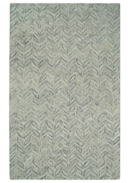 Custom Made Beige and Gray Leaf's Hand Tufted Modern Scandinavian Wool Loop Rug.