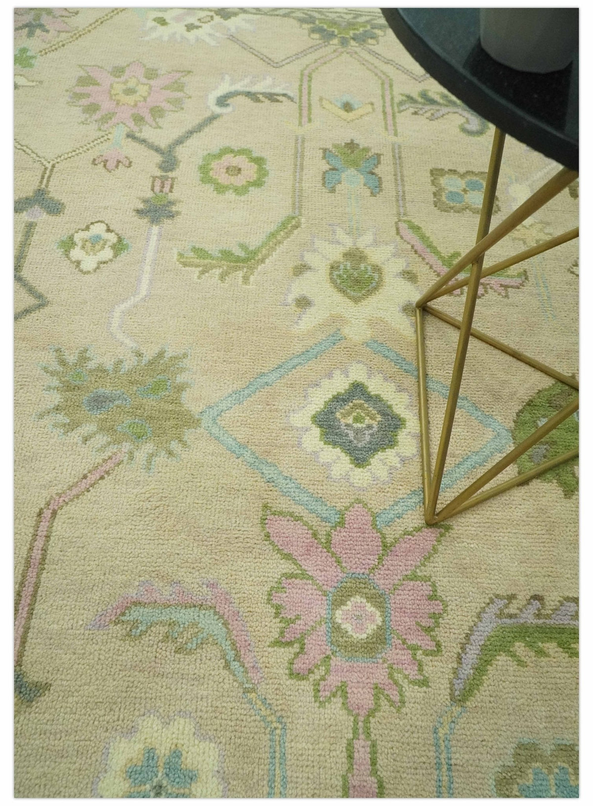 Custom Made Beige and Green Hand Knotted Traditional Oriental Oushak wool area rug.