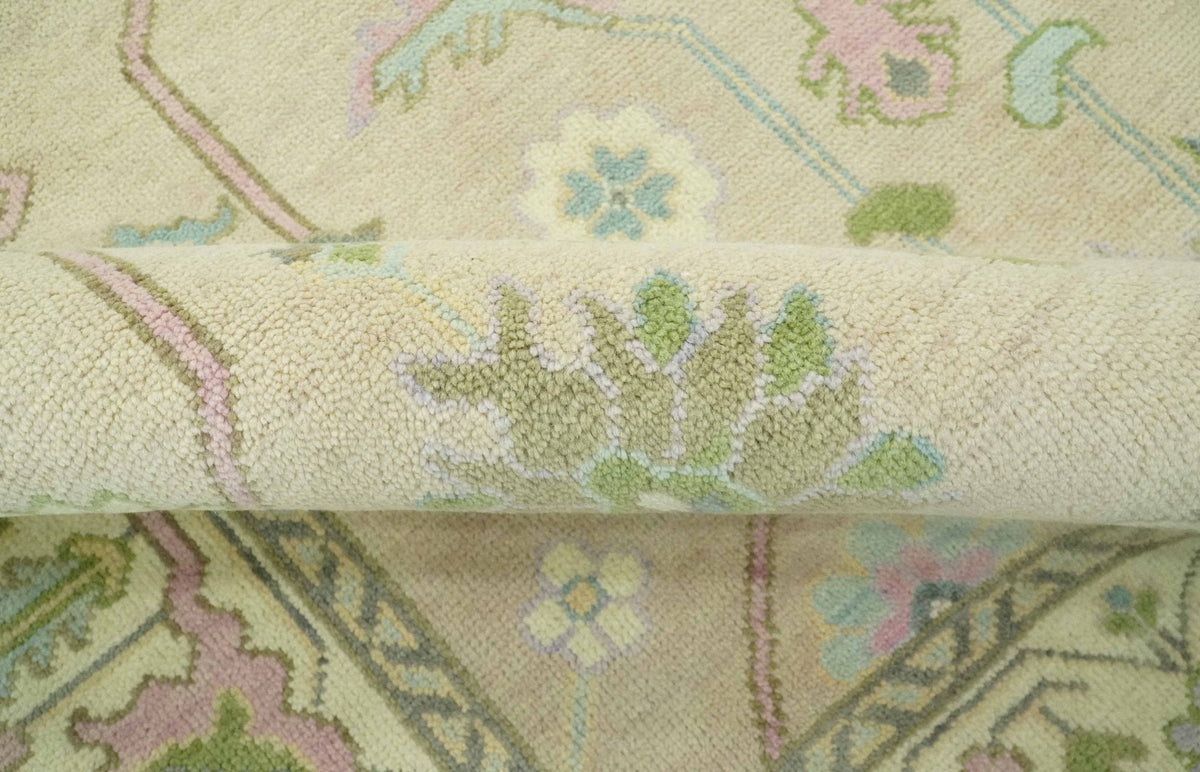 Custom Made Beige and Green Hand Knotted Traditional Oriental Oushak wool area rug.