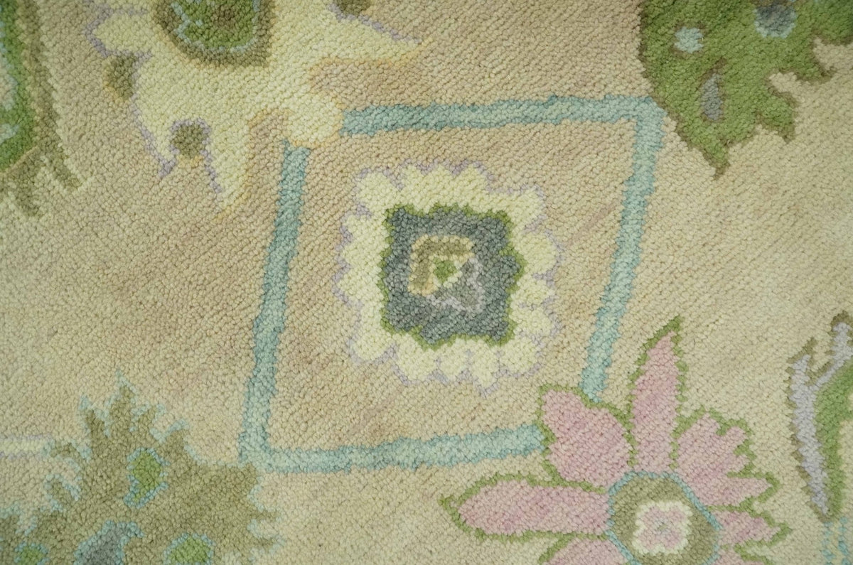 Custom Made Beige and Green Hand Knotted Traditional Oriental Oushak wool area rug.
