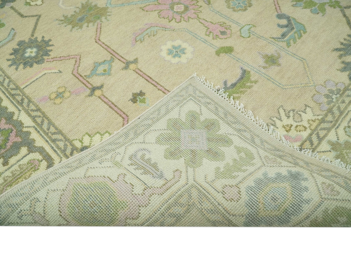 Custom Made Beige and Green Hand Knotted Traditional Oriental Oushak wool area rug.