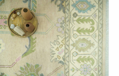 Custom Made Beige and Green Hand Knotted Traditional Oriental Oushak wool area rug.