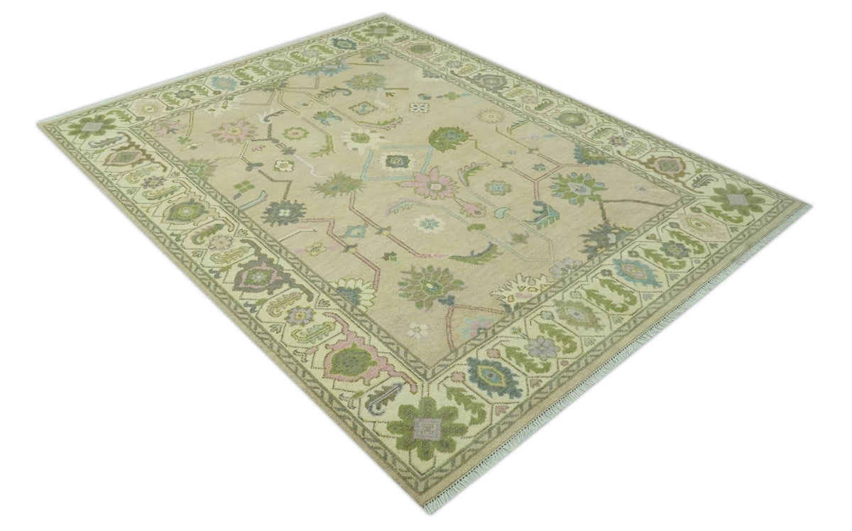 Custom Made Beige and Green Hand Knotted Traditional Oriental Oushak wool area rug.