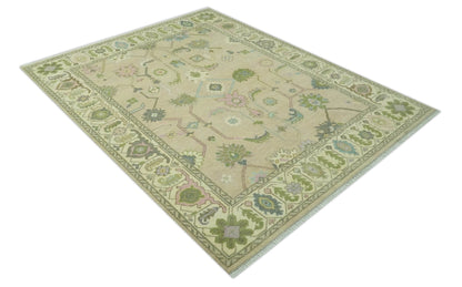 Custom Made Beige and Green Hand Knotted Traditional Oriental Oushak wool area rug.