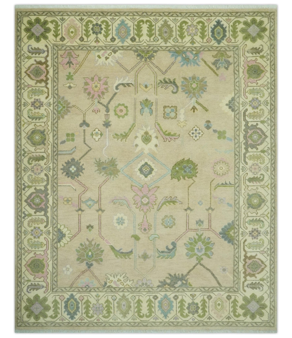 Custom Made Beige and Green Hand Knotted Traditional Oriental Oushak wool area rug.