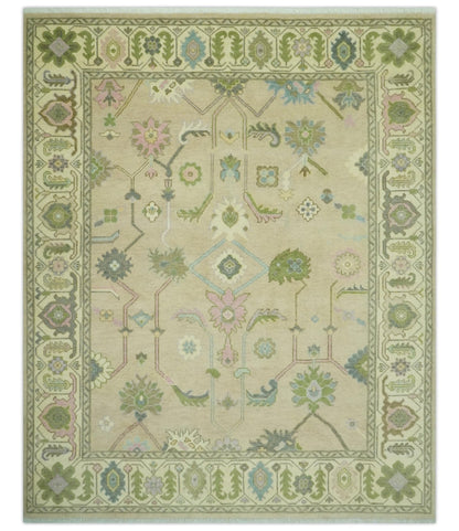 Custom Made Beige and Green Hand Knotted Traditional Oriental Oushak wool area rug.