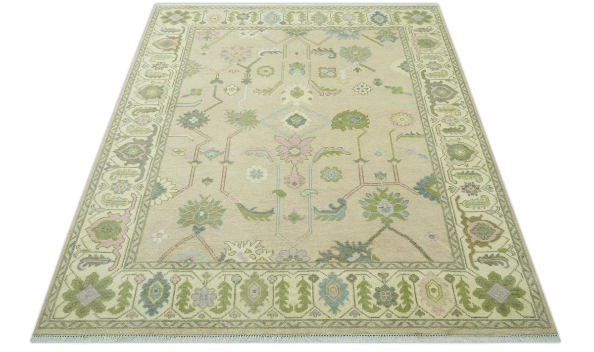 Custom Made Beige and Green Hand Knotted Traditional Oriental Oushak wool area rug.
