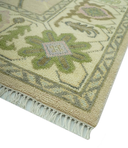 Custom Made Beige and Green Hand Knotted Traditional Oriental Oushak wool area rug.