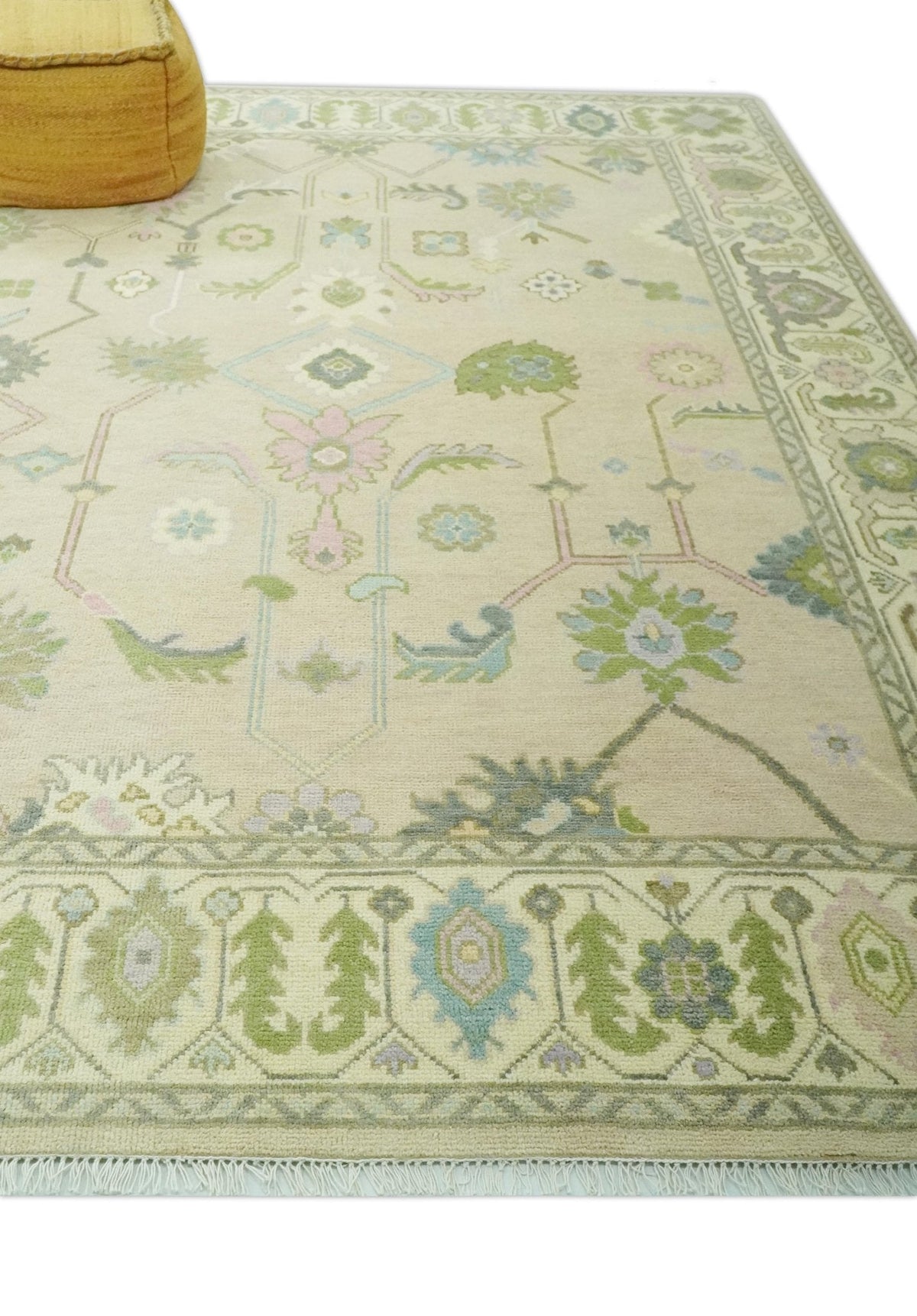 Custom Made Beige and Green Hand Knotted Traditional Oriental Oushak wool area rug.