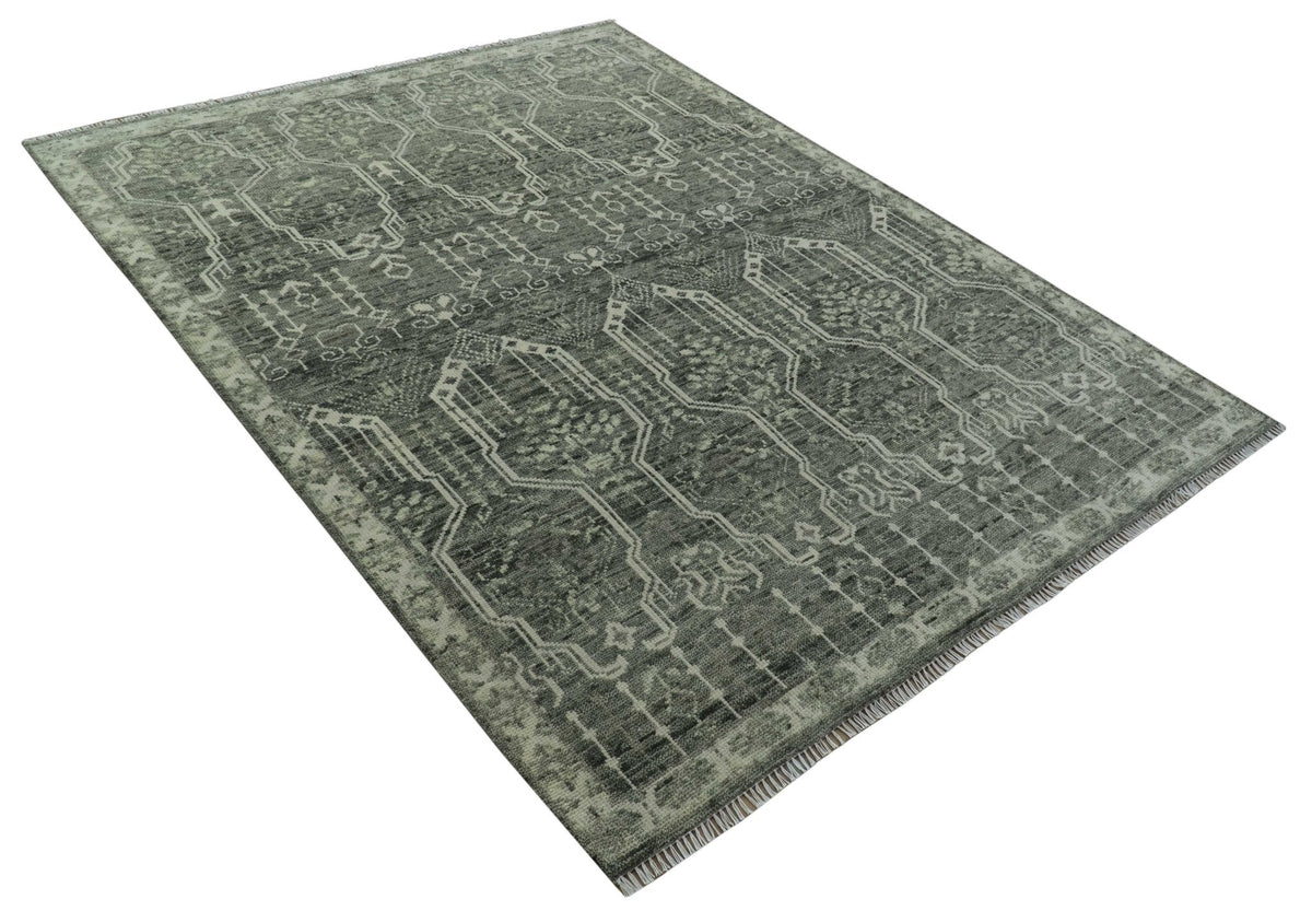 Custom Made Beige And Green  Modern Geometrical Design Hand Knotted wool rug.