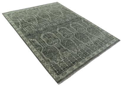 Custom Made Beige And Green  Modern Geometrical Design Hand Knotted wool rug.