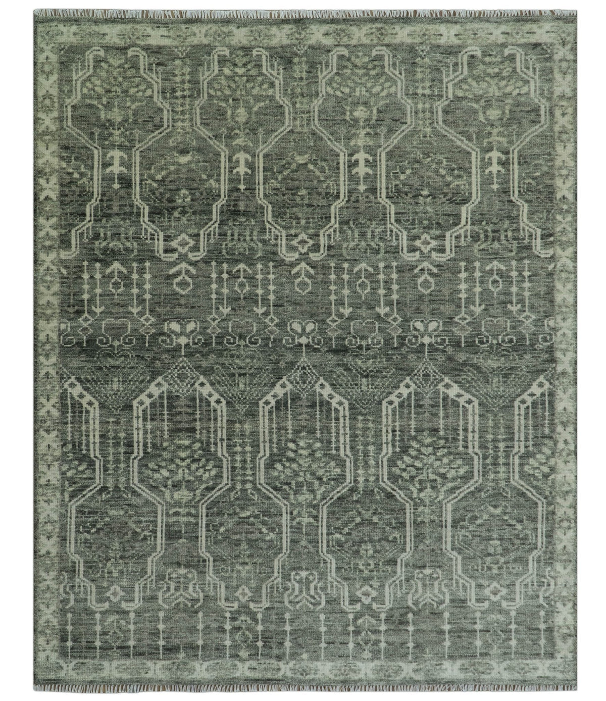Custom Made Beige And Green  Modern Geometrical Design Hand Knotted wool rug.
