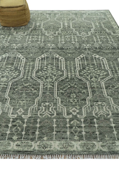 Custom Made Beige And Green  Modern Geometrical Design Hand Knotted wool rug.