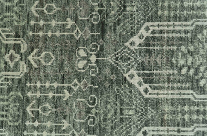 Custom Made Beige And Green  Modern Geometrical Design Hand Knotted wool rug.