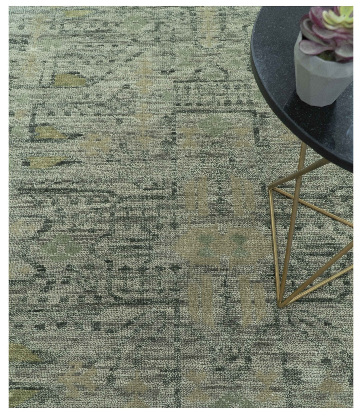 Custom Made Beige And Green  Modern Geometrical Design Hand Knotted wool rug.