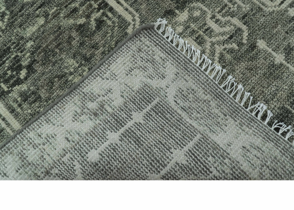 Custom Made Beige And Green  Modern Geometrical Design Hand Knotted wool rug.