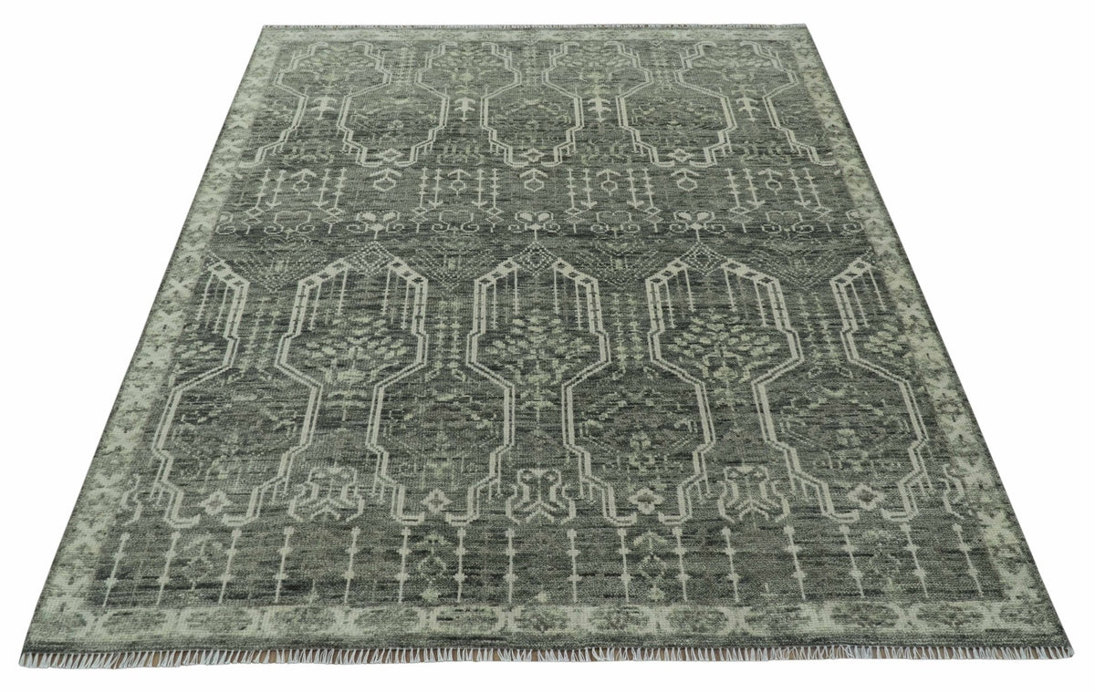 Custom Made Beige And Green  Modern Geometrical Design Hand Knotted wool rug.