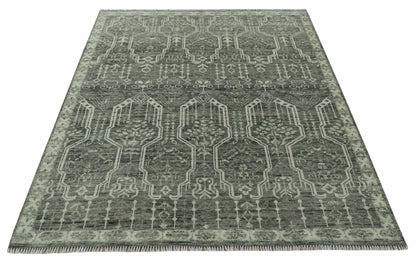Custom Made Beige And Green  Modern Geometrical Design Hand Knotted wool rug.