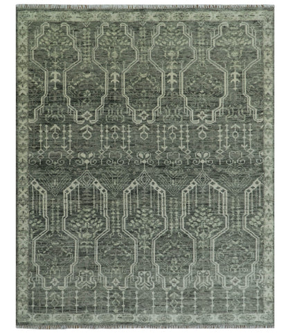 Custom Made Beige And Green  Modern Geometrical Design Hand Knotted wool rug.