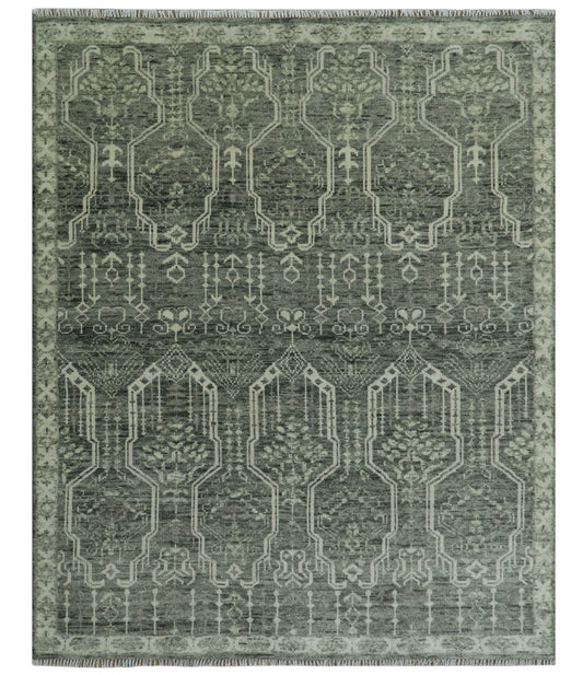 Custom Made Beige And Green  Modern Geometrical Design Hand Knotted wool rug.