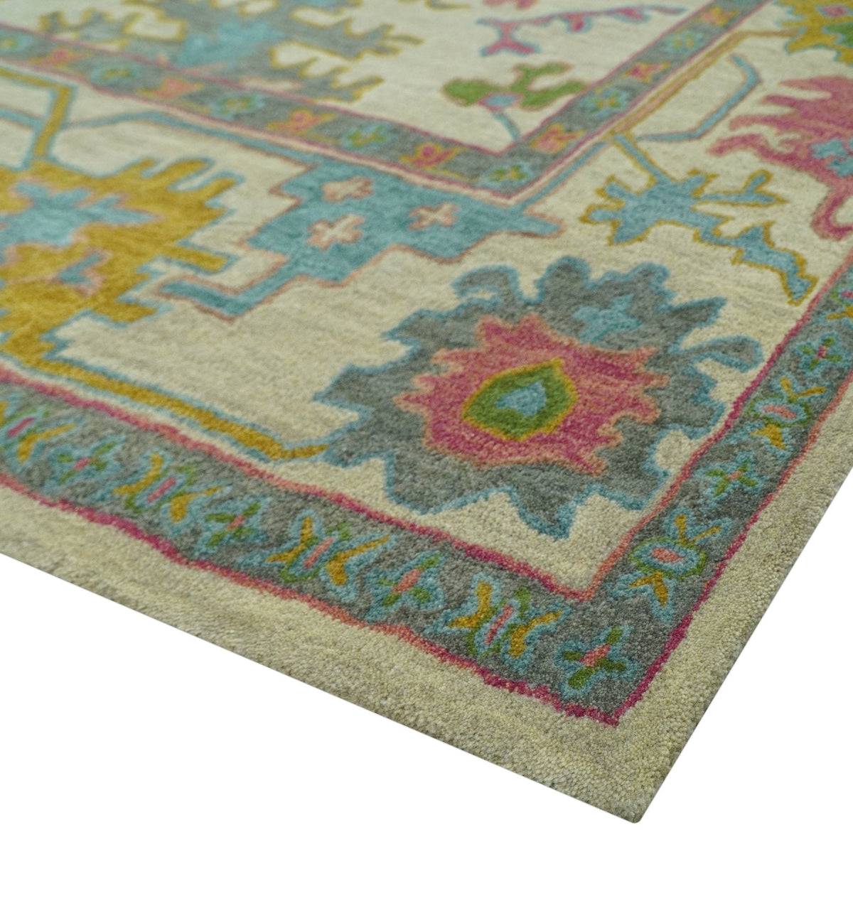 Custom Made Beige And Green Traditional Oushak Design Hand Tufted Wool Rug.