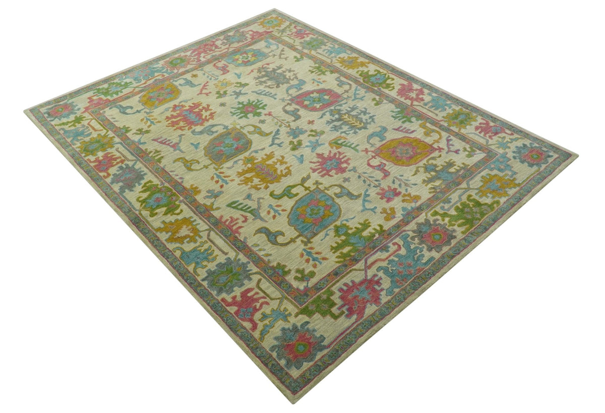 Custom Made Beige And Green Traditional Oushak Design Hand Tufted Wool Rug.